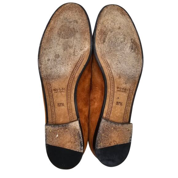 Gucci Jordaan Horsebit Flat Slip On Loafer Brown Suede Gold Size 37.5 US 7.5 - Picture 9 of 10